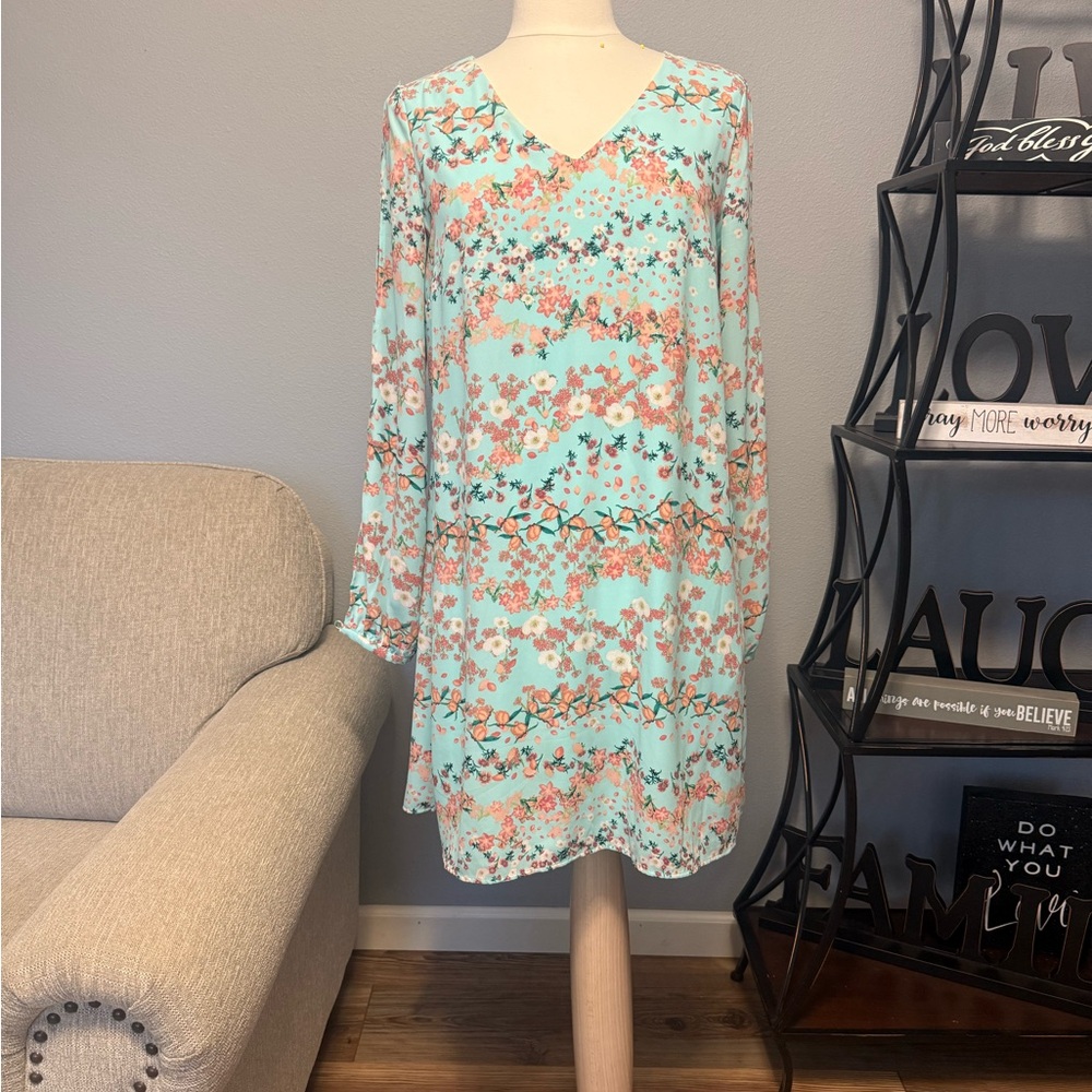 Worthington Floral Long Sleeve Dress - Light Blue and Coral